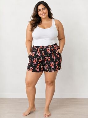 🔥 Floral Pull-On Shorts in Black with Pink